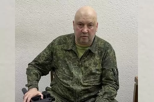 In this handout photo released by Russian Defense Ministry Press Service on Saturday, June 24, 2023, the top Russian military commander in Ukraine, Gen. Sergei Surovikin records his appeal to armed rebellion at the unknown location. Gen. Surovikin, a former commander of Russia's forces in Ukraine who was linked to the leader of an armed rebellion, has been dismissed from his job as chief of the air force, according to Russian state media. The report Wednesday, Aug. 23, 2023, came after weeks of 