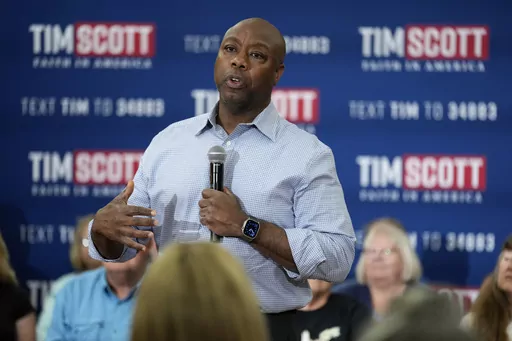 Republican presidential candidate Sen. Tim Scott, R-S.C., speaks during a town hall meeting, Thursday, Aug. 31, 2023, in Oskaloosa, Iowa. (AP Photo/Charlie Neibergall, File)