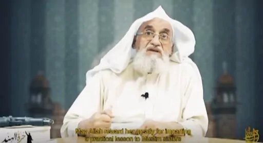 This image taken from a video issued by as-Sahab, al-Qaida's media branch, on April 5, 2022, shows Al-Qaeda leader Ayman al-Zawahri speaking. In the rare video, al-Zawahri praises Muskan Khan, an Indian Muslim woman who in February defied a ban on hijab wearing, revealing the first proof in months that he is still alive. (as-Sahab via AP)