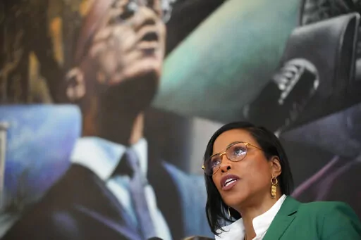 Ilyasah Shabazz, a daughter of Malcolm X, speaks during a news conference at the Malcolm X & Dr. Betty Shabazz Memorial and Educational Center in New York, Tuesday, Feb. 21, 2023. Some of Malcom X's family members and their attorneys announced their intent to sue governmental agencies for Malcom X's assassination and the fraudulent concealment of evidence surrounding the murder. In 1965, the minister and civil rights activist was shot to death inside Harlem's Audubon Ballroom in New York. (AP Ph