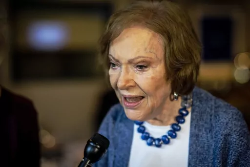 The former first lady Rosalynn Carter speaks to the press at conference at The Carter Center on Tuesday, Nov. 5, 2019, in Atlanta. Rosalynn Carter, the 96-year-old former first lady, is in hospice care at home, the Carter Center says. (AP Photo/Ron Harris, File)