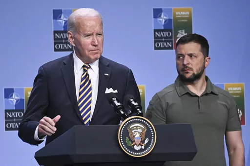 President Joe Biden, left, speaks at an event with G7 leaders and Ukrainian President Volodymyr Zelensky during the NATO Summit, in Vilnius, Lithuania, July 12, 2023. Biden's strong backing for Ukraine's effort to repel Russia's invasion has been the rare issue where he's mustered bipartisan support. But this week’s first GOP presidential debate—and recent comments by former President Donald Trump on Ukraine— suggest that the dynamic will face a stress test as the 2024 presidential campaig