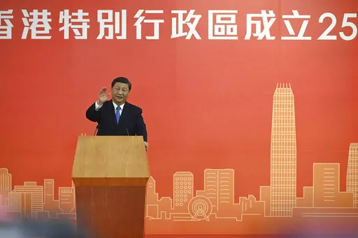 China's President Xi Jinping delivers a speech after arriving for the upcoming handover anniversary by train in Hong Kong, Thursday, June 30, 2022. Xi has arrived in Hong Kong ahead of the 25th anniversary of the British handover and after a two-year transformation bringing the city more tightly under Communist Party control. (Selim Chtayti/Pool Photo via AP)