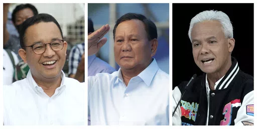 This combo photo shows Indonesian presidential candidates, from left, Anies Baswedan, Prabowo Subianto and Ganjar Pranowo. Indonesians on Wednesday, Feb. 14, 2024 will elect the successor to popular President Joko Widodo, who is serving his second and final term. It is a three-way race for the presidency among current Defense Minister Prabowo Subianto and two former governors, Anies Baswedan and Ganjar Pranowo. (AP Photo, File)