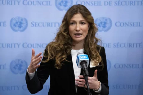 Ms. Emine Dzhaparova, First Deputy Foreign Minister of Ukraine, speaks outside the Security Council chambers at United Nations headquarters, Thursday, Jan. 12, 2023. (AP Photo/John Minchillo)