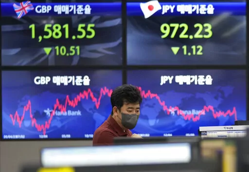 A currency trader watches monitors at the foreign exchange dealing room of the KEB Hana Bank headquarters in Seoul, South Korea, Tuesday, May 3, 2022. Asian shares are mixed in light “Golden Week” trading with markets in China, Japan and some other countries closed for holidays. (AP Photo/Ahn Young-joon)