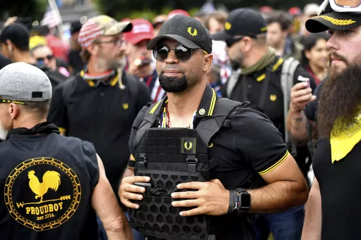Proud Boys chairman Enrique Tarrio rallies in Portland, Ore. Outside pressures and internal strife are roiling two far-right extremist groups after members were charged in the attack on the U.S. Capitol, Aug. 17, 2019. A jury will soon decide whether the onetime leader of the Proud Boys extremist group is guilty in one of the most serious cases brought in the Jan. 6 attack on the U.S. Capitol. (AP Photo/Noah Berger, File)