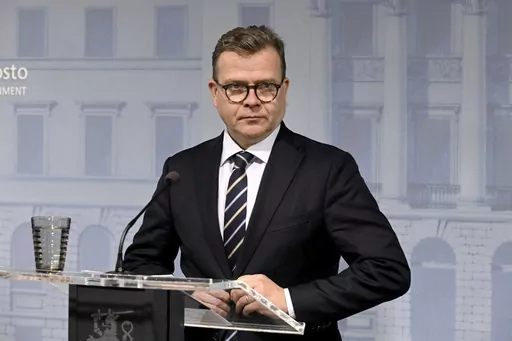 Finnish Prime Minister Petteri Orpo meets the media in Helsinki, Finland, Tuesday, Oct. 10, 2023. Finnish and Estonian gas system operators on Sunday said they noted an unusual drop in pressure in the Balticconnector pipeline after which they shut down the gas flow. The Finnish government on Tuesday said there was damage both to the gas pipeline and to a telecommunications cable between the two NATO countries. (Jussi Nukari/Lehtikuva via AP)