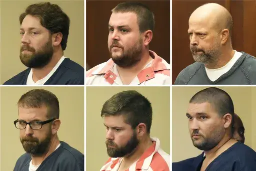 This combination of photos shows former Mississippi law enforcement officers who pleaded guilty to state and federal charges for torturing two Black men, from top left, former Rankin County sheriff’s deputies Hunter Elward, Christian Dedmon, Brett McAlpin, Jeffrey Middleton, Daniel Opdyke and former Richland police officer Joshua Hartfield, during court appearances Monday, Aug. 14, 2023, in Brandon, Miss. (AP Photo/Rogelio V. Solis, File)