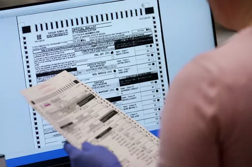 An election worker verifies a ballot on a screen inside the Maricopa County Recorders Office, Nov. 10, 2022, in Phoenix. On Friday, June 2, 2023, The Associated Press reported on stories circulating online incorrectly claiming newly released video shows election officials in Arizona’s Maricopa County illegally conducting “secret” voting equipment tests ahead of last November’s contested midterms. (AP Photo/Matt York, File)