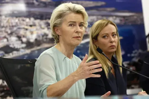 The President of the European Commission, Ursula von der Leyen, left, and Italy's Premier Giorgia Meloni, right, address the media during a joint press conference on Sept. 17, 2023. It seemed like a throwaway line by European Commission President Ursula von der Leyen, yet it encapsulated what is at stake for many in this week's European Union parliamentary elections — What to do with the hard right? And should it be trusted? (Cecilia Fabiano/LaPresse via AP)