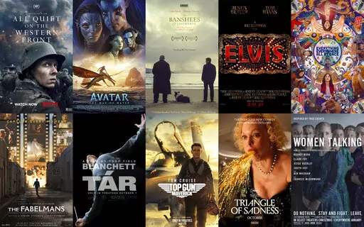 This combination of photos shows promotional art for Oscar nominees for best feature, top row from left, "All Quiet on the Western Front," "Avatar: The Way of Water," "The Banshees of Inisherin," "Elvis," "Everything Everywhere All at Once," bottom row from left, "The Fabelmans," "Tár," "Top Gun: Maverick," "Triangle of Sadness," and "Women Talking." (Netflix/Disney/Searchlight/Warner Bros./A24/Universal/Focus/Paramount/Neon/Orion-United Artists via AP)