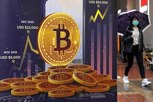 An advertisement for Bitcoin cryptocurrency is displayed on a street in Hong Kong, on Feb. 17, 2022.  Bitcoin slumped to a two-year low, Wednesday, Nov. 9, and other digital assets sold off following the sudden collapse of crypto exchange FTX Trading, which has been forced to sell itself to larger rival Binance. (AP Photo/Kin Cheung, File)