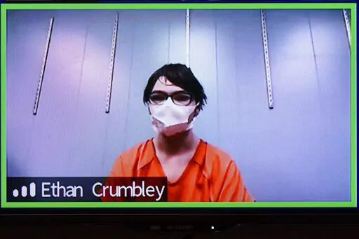 This image from 52-3 District Court shows Ethan Crumbley in a Zoom hearing in Rochester Hills, Mich., Friday, Jan. 7, 2022. Attorneys say Crumbley, who is charged with killing four students at a Michigan high school will pursue an insanity defense.  A summary of case filings available online says a notice was filed Thursday, Jan. 27. (AP Photo/Carlos Osorio, File)