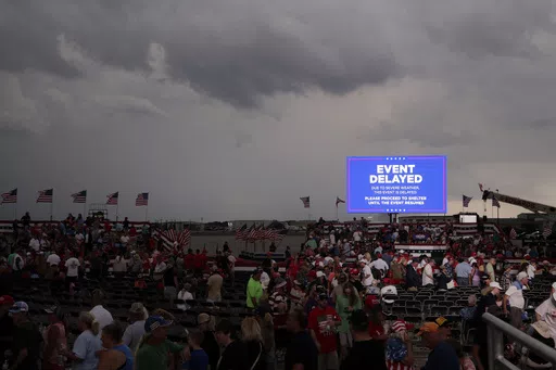 Supporters of former President Donald Trump file out of the rally after it was canceled due to threatening weather in Wilmington, N.C., Saturday, April 20, 2024. (AP Photo/Chris Seward)