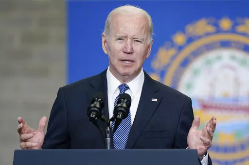 President Joe Biden speaks about his infrastructure agenda at the New Hampshire Port Authority in Portsmouth, N.H., Tuesday, April 19, 2022. (AP Photo/Patrick Semansky)