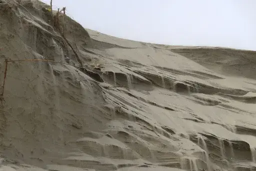 Sand cascades down the badly eroded face of a dune in North Wildwood, N.J. on Feb. 24, 2023. (AP Photo/Wayne Parry, FILE)