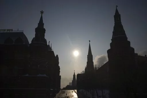 A virtually empty Red Square closed for security reasons prior to Russian President Vladimir Putin's annual state of the nation address, is seen between the Historical Museum, left, and the Kremlin Wall, right, in Moscow, Feb. 21, 2023. U.S. officials say Russia is now the most sanctioned country in the world. But as the war nears its one-year mark, it's clear the sanctions didn't pack the instantaneous punch that many had hoped. (AP Photo/Alexander Zemlianichenko, File)