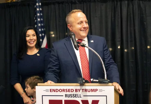 South Carolina Rep. Russell Fry celebrates his win over U.S. Rep. Tom Rice for his congressional seat in the Republican primary, at the 8th Avenue Tiki Bar in Myrtle Beach, S.C., Tuesday, June 14, 2022.(Jason Lee/The Sun News via AP)