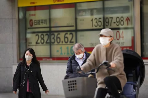 People walk across an intersection near monitors showing Japan's Nikkei 225 index, left, and a foreign exchange rate of the Japanese yen against the U.S. dollar at a securities firm in Tokyo, Tuesday, March 7, 2023. Asian shares were mostly higher in muted trading Tuesday, as investors tried to digest a slew of economic data and awaited moves from the Federal Reserve. (AP Photo/Hiro Komae)