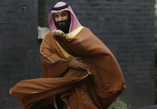 Saudi Crown Prince Mohammed bin Salman arrives to meet then-Prime Minister Theresa May outside 10 Downing Street in London, on March 7, 2018. (AP Photo/Alastair Grant, File)