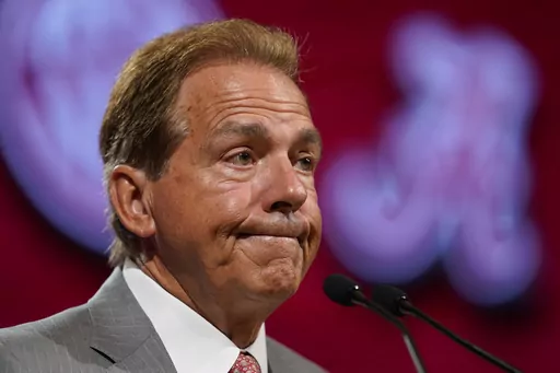 Alabama head coach Nick Saban speaks during NCAA college football Southeastern Conference Media Days, Wednesday, July 19, 2023, in Nashville, Tenn. (AP Photo/George Walker IV)