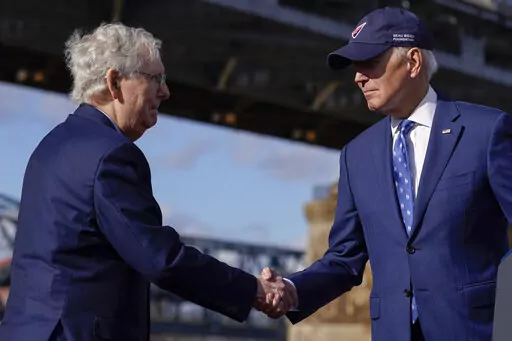 President Joe Biden shakes hands with Senate Minority Leader Mitch McConnell of Ky., after speaking about his infrastructure agenda under the Clay Wade Bailey Bridge, Jan. 4, 2023, in Covington, Ky. By temperament and manner, Joe Biden and Mitch McConnell are decidedly mismatched. But as the days of divided government under Biden begin, their long relationship will become even more vital. McConnell’s experience in cutting deals and the political capital he retains among his members could leave