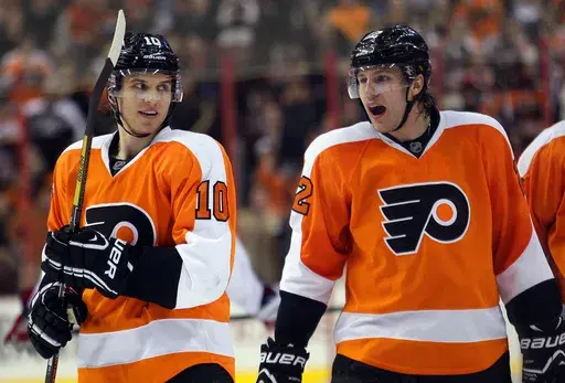 Philadelphia Flyers Brayden Schenn, left, looks towards his brother Luke, right, who shouts out after getting an assist on Max Talbot's goal in the second period of an NHL hockey game with the Washington Capitals, Feb 27, 2013, in Philadelphia. (AP Photo/Tom Mihalek, file)