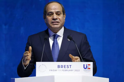 Egyptian President Abdel-Fattah el-Sissi delivers a speech during the One Ocean Summit, in Brest, Brittany, Feb. 11, 2022. The head of a journalists’ union said May 1, 2022, that Egyptian authorities have freed three journalists — the latest in a string of releases as el-Sissi appears to be reaching out to critics of his administration. Long pre-trial dentitions have been a major concern for rights groups in recent years. (Ludovic Marin, Pool via AP, File)