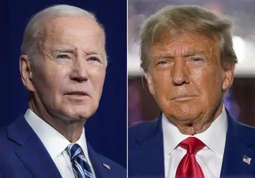In this combination of photos, President Joe Biden, left, speaks on Aug. 10, 2023, in Salt Lake City, and former President Donald Trump speaks on June 13, 2023, in Bedminster, N.J. The sequel to the 2020 election is officially set as the president and his immediate predecessor secured their parties' nominations. Biden and Trump have set up a political movie the country has seen before — even if the last version was in black and white. (AP Photo, File)