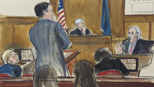 Former President Donald Trump, left, watches as David Pecker answers questions on the witness stand, far right, from assistant district attorney Joshua Steingless, in Manhattan criminal court, April 23, 2024, in New York. Testimony by the former National Enquirer publisher at Donald Trump's hush money trial this week has revealed an astonishing level of corruption at America's best-known tabloid and may one day be seen as the moment it effectively died. On Thursday, April 25, 2024 Pecker was bac