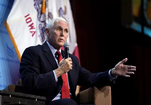 Republican presidential candidate and former Vice President Mike Pence speaks at the Iowa Faith & Freedom Coalition's fall banquet, Saturday, Sept. 16, 2023, in Des Moines, Iowa. (AP Photo/Bryon Houlgrave, File)
