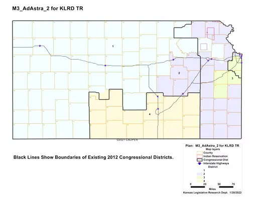 This image shows the "Ad Astra 2" congressional redistricting plan for Kansas drafted by the Kansas Legislative Research Department for Republican leaders in the GOP-controlled Legislature, Tuesday, Jan. 25, 2022, at the Statehouse in Topeka, Kan. The blue represents the new 1st Congressional District, and it takes in the city of Lawrence at its far eastern edge. (Kansas Legislative Research Department via AP)