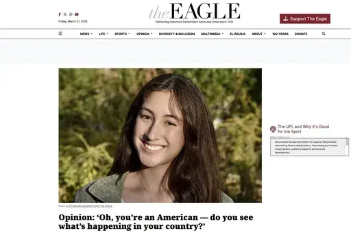 A screenshot of the publication 'The Eagle' featuring an opinion piece by student Mari Santos, a political science student studying abroad for the semester in Scotland at the University of Glasgow. (Ethan Mahimainathan, The Eagle via AP)