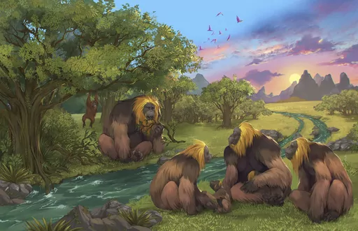 This illustration provided by researchers depicts Gigantopithecus blacki in a forest in the Guangxi region of southern China. The extinct species of great ape that once stood around 10 feet tall and weighed up to 650 pounds was likely driven to extinction by environmental changes, scientists in China and Australia report on Wednesday, Jan. 10, 2024 in the journal Nature. (Garcia/Joannes-Boyau/Southern Cross University)