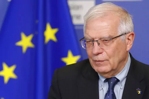 European Union foreign policy chief Josep Borrell speaks during a press statement at EU headquarters in Brussels, Sunday, Feb. 27, 2022. Borrell said Friday, March 11, 2022, that “a pause” was needed in ongoing talks over Iran's tattered nuclear deal with world powers, blaming “external factors” for the delay. (Stephanie Lecocq,Pool Photo via AP, File)
