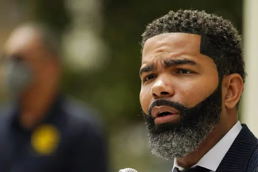 Jackson, Miss., Mayor Chokwe Antar Lumumba speaks at a Sept. 6, 2022, news conference, at City Hall. regarding updates on the ongoing water infrastructure issues. (AP Photo/Rogelio V. Solis)