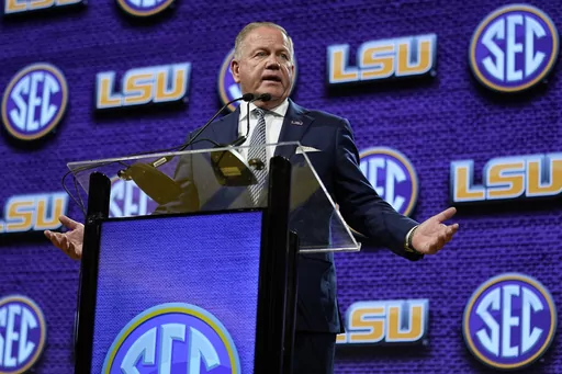 LSU Tigers head coach Brian Kelly speaks during the NCAA college football Southeastern Conference Media Days, Monday, July 17, 2023, in Nashville, Tenn. (AP Photo/George Walker IV)
