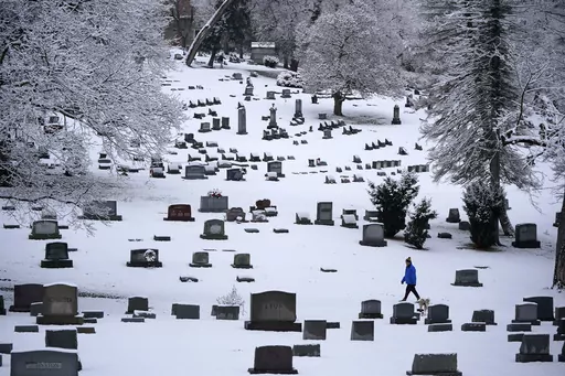 A man walks through the snow covered Mount Lebanon Cemetery in Mount Lebanon, Pa., on Monday, Jan. 23, 2023. U.S. deaths fell in 2022, as COVID-19 fatalities dropped by half from 2021 and the coronavirus dropped from being the nation's third leading cause of death to the fourth. The Centers for Disease Control and Prevention reported the 2022 numbers on Thursday, May 4, 2023, cautioning that they are preliminary and may change a little after further analysis. (AP Photo/Gene J. Puskar, File)