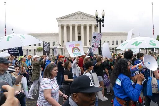 Abortion-rights demonstrators coming from the Washington Monument march past the Supreme Court in Washington, Saturday, May 14, 2022. (AP Photo/Jacquelyn Martin)