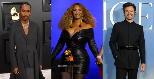 This combination of photos shows musicians, Steve Lacy, left, Beyonce, center, and Harry Styles. Lacy’s “Bad Habit” topped the Billboard Hot 100 chart and has continued to thrive. Beyoncé’s “Cuff It" track captures the spirit of fun, romance and infatuation. Style's chart-topper “As It Was” is a bittersweet and brightly packaged bop. (AP Photo)