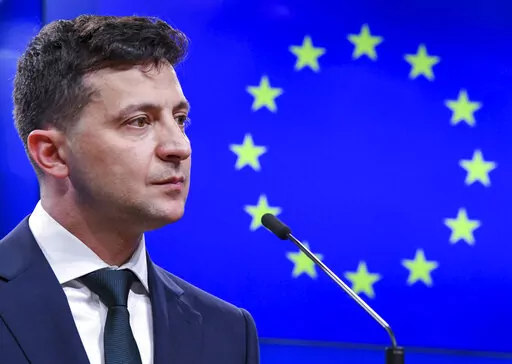 Ukrainian President Volodymyr Zelenskyy speaks during a media conference at the Europa building in Brussels, June 5, 2019. Russia lost influence and friends since the collapse of the Soviet empire in 1989. But the nuclear superpower still holds sway over several of its neighbors in Europe and keeps others in an uneasy neutrality. The Russian invasion of neighboring Ukraine and the humanitarian tragedy it provoked over the past two weeks may have raised an Western outcry of heartfelt support. (AP
