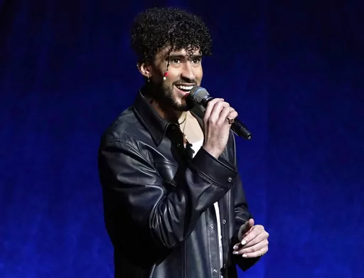 Bad Bunny speaks at the Sony Pictures Entertainment presentation at CinemaCon 2022 in Las Vegas on April 25, 2022. In March 2023, Bad Bunny’s ex–girlfriend is suing the superstar for at least $40 million over a well-known voice recording she provided the singer before he became famous. (AP Photo/Chris Pizzello, File)