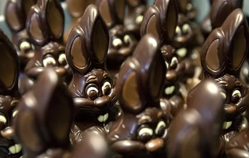 Chocolate rabbits wait to be decorated at the Cocoatree chocolate shop, April 8, 2020, in Lonzee, Belgium. Sweet Easter baskets will likely come at a bitter cost this year for consumers as the price of cocoa climbs to record highs. (AP Photo/Virginia Mayo, File)