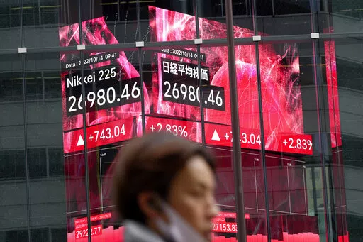 A person wearing a protective mask walks in front of an electronic stock board showing Japan's Nikkei 225 index at a securities firm Friday, Oct. 14, 2022, in Tokyo. Asian shares were mostly lower on Thursday after Wall Street benchmarks fell, reversing course after two days of gains. (AP Photo/Eugene Hoshiko, File)