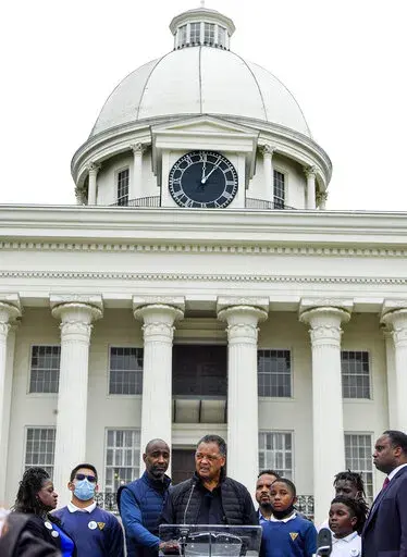 Jesse Jackson speaks during a Fight for the Vote Rally at the state capitol in Montgomery, Ala., on Friday March 11, 2022. (Mickey Welsh/The Montgomery Advertiser via AP)