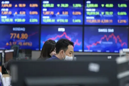 Currency traders watch monitors at the foreign exchange dealing room of the KEB Hana Bank headquarters in Seoul, South Korea, Tuesday, Sept. 6, 2022. (AP Photo/Ahn Young-joon)