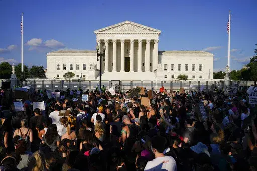 Protesters fill the street in front of the Supreme Court after the court's decision to overturn Roe v. Wade in Washington, June 24, 2022. Public opinion on abortion is nuanced, but polling shows broad support for Roe and for abortion rights. Seventy percent of U.S. adults said in a May AP-NORC poll that the Supreme Court should leave Roe as is, not overturn it. (AP Photo/Jacquelyn Martin)