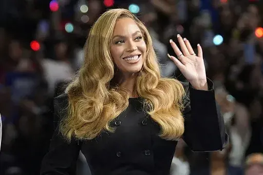 Beyonce appears at a campaign event for Democratic presidential nominee Vice President Kamala Harris in Houston, on Oct. 25, 2024. (AP Photo/Susan Walsh, File)