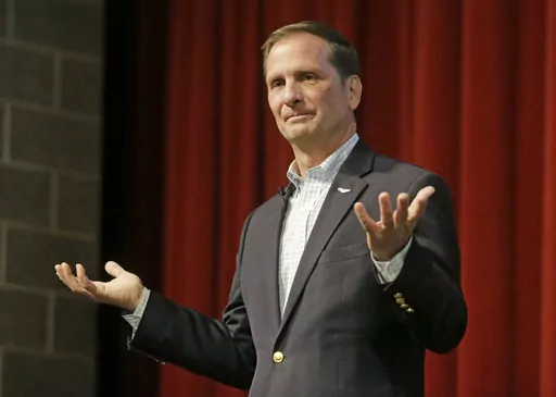 Republican U.S. Rep. Chris Stewart looks on during his town hall meeting on March 31, 2017, in Salt Lake City. Stewart is resigning from his seat in the narrowly divided U.S. House of Representatives. He said in a statement on Wednesday, May 31, 2023, that he had decided to retire due to his wife's health. (AP Photo/Rick Bowmer, File)